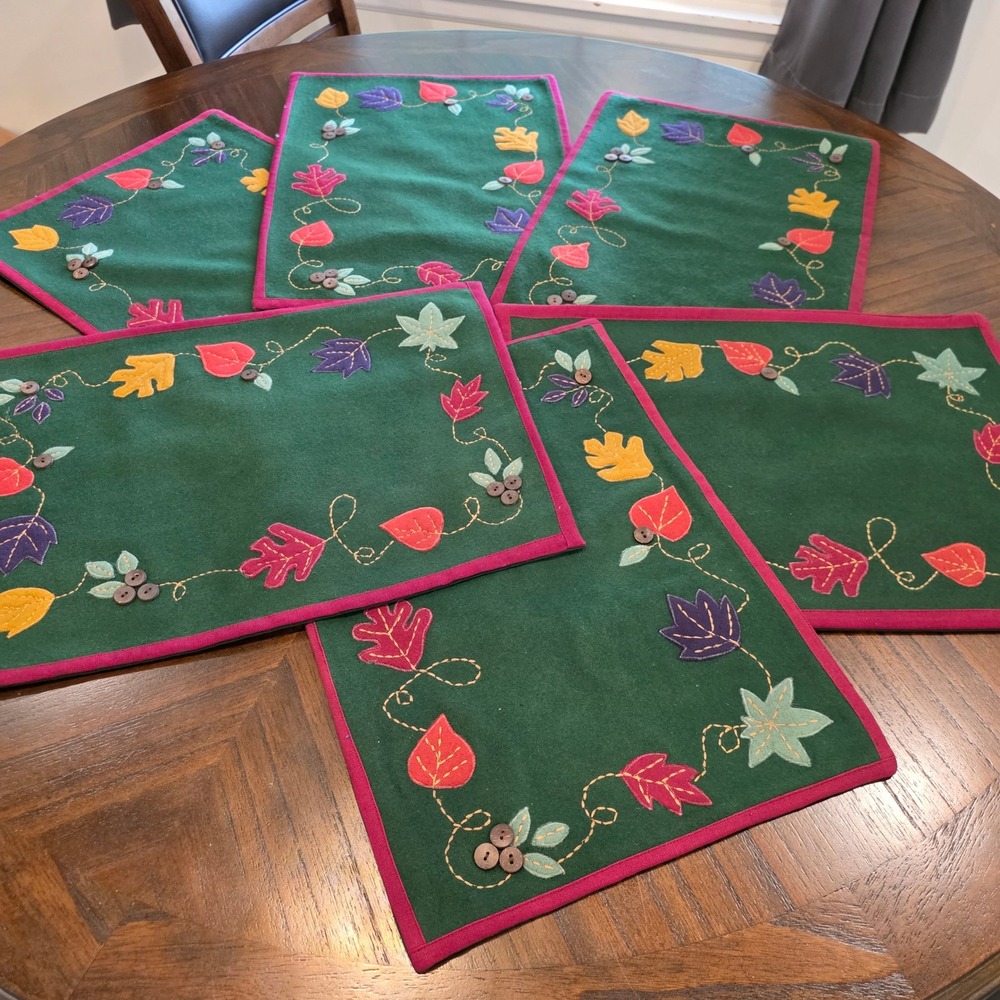 Sonoma Home Goods Set of 6 Wool Blend Fall Leaf Applique Placemats Green Harvest